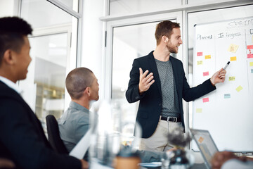 Employees, whiteboard and sticky notes for meeting in office, planning and boardroom for progress....