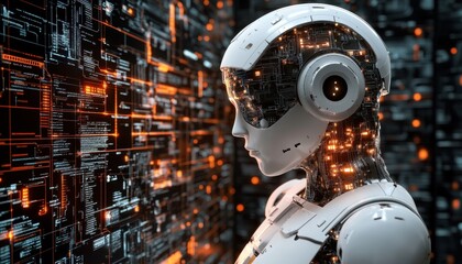 Fototapeta premium Futuristic robot with glowing circuitry and data interface in a modern lab