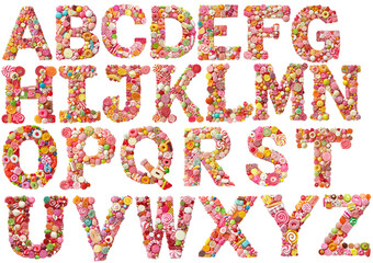 English alphabet made of colorful candies and sweets. Font collection for candy shops, dessert menus, birthday party banners, and confectionery branding.