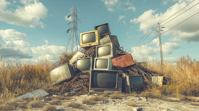 A colossal heap of discarded electronics sprawls under a bright sky filled with clouds - Powered by Adobe