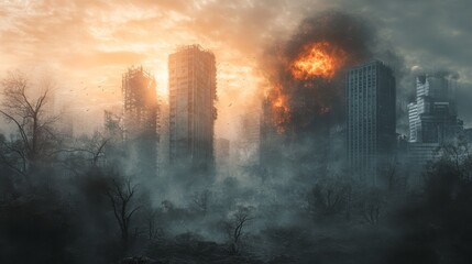 A dense haze envelops a cityscape as flames erupt amidst towering structures at dusk