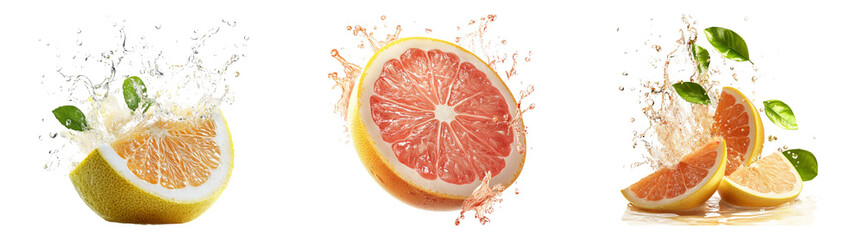 3D grapefruit slices with juice splash ideal for citrus product ads healthy drink designs or packaging