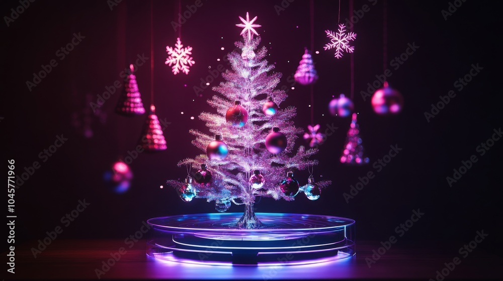 Aufkleber a vibrant christmas tree adorned with sparkling ornaments stands on a reflective platform. surroundi