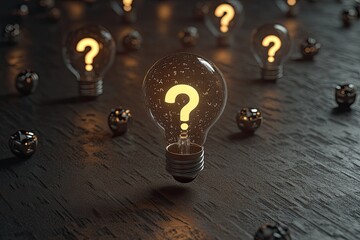 3D render of a light bulb surrounded by floating question marks, symbolizing finding solutions