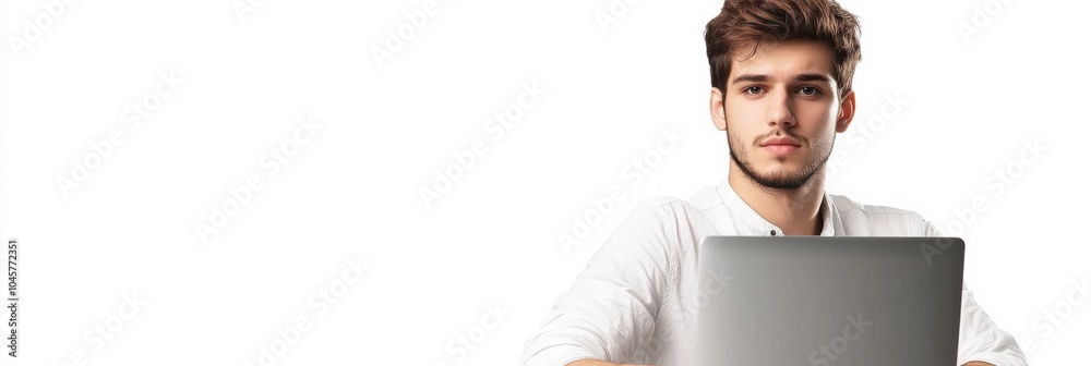 Poster a young man is engaged in remote work at his laptop, utilizing a minimalist workspace with a bright 