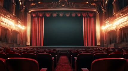 Luxurious theater auditorium with elevated seating and red curtain-framed stage.
