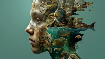 Woman Merging With Underwater World. Coral Reef, Deep Ocean Dreamscape Double Exposure.