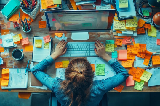 Overhead view of a busy desk cluttered with colorful sticky notes and office supplies, showcasing a creative and chaotic work environment.
