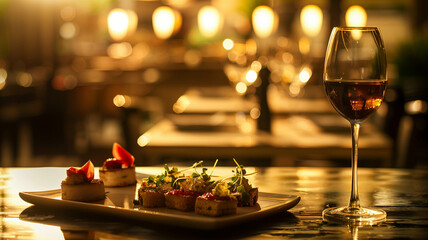 capturing the sophistication of a restaurant table set with a wine glass and gourmet appetizers, against a backdrop of warm