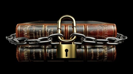 Naklejka premium 3d illustration of a book bound with a chain and lock against a black studio background