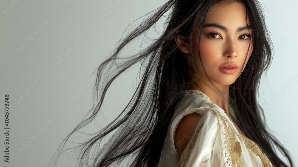 Wall mural Stylish Asian Woman with Flowing Hair and Intense Gaze in Soft Lighting