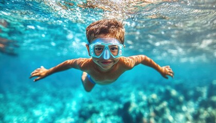 Fototapeta premium A young snorkeler explores a vibrant underwater world filled with colorful fish
