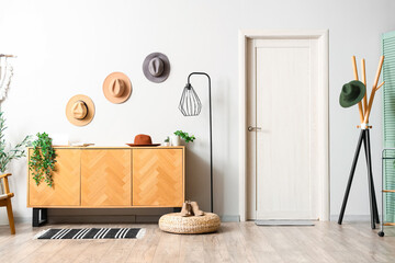 Modern interior of hallway with wooden commode, clothes hanger and hats