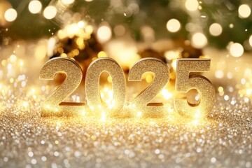 The inscription "2025" in gold on a blurred Christmas background. New Year celebration.