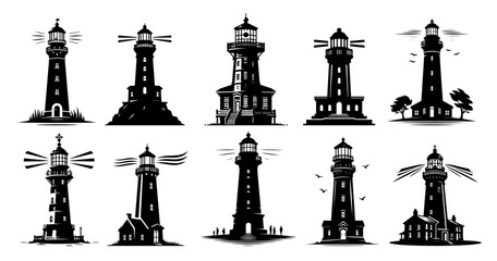 lighthouse water light sea sun rocks hill rock vector set