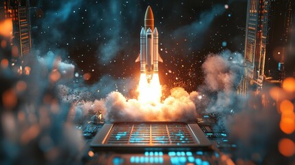 A dramatic scene of a space rocket taking off from a digital laptop, symbolizing innovation, creativity, and AI-driven solutions in technology