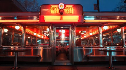 A vintage diner with glowing neon signage, reflecting off chrome surfaces and adding retro charm to the evening scene