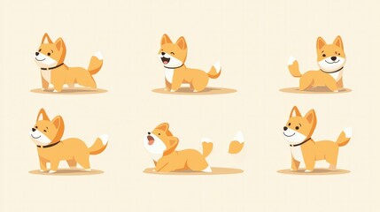 Fototapeta premium A flat-colored minimalist illustration of small dogs, showing them in various happy and playful poses, creating a friendly and inviting scene