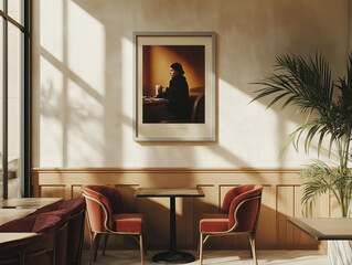 Przytulne wnętrze kawiarni z obrazem na ścianie