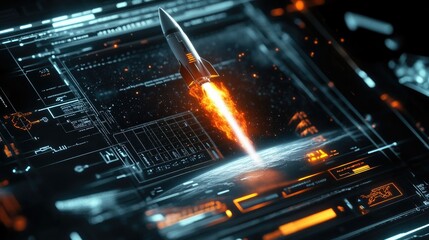 Obraz premium A futuristic concept of a space rocket launching from a laptop screen, symbolizing innovative ideas and technological breakthroughs with generative AI