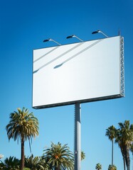 Mockup billboard against a clear bright blue sky without clouds with palm trees