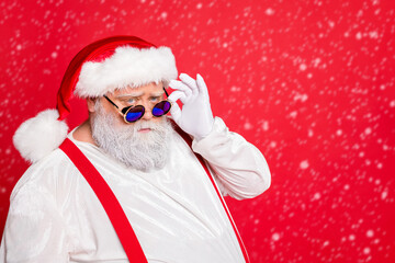 Close up photo of minded style stylish trendy fat overweight funny funky santa claus see look...