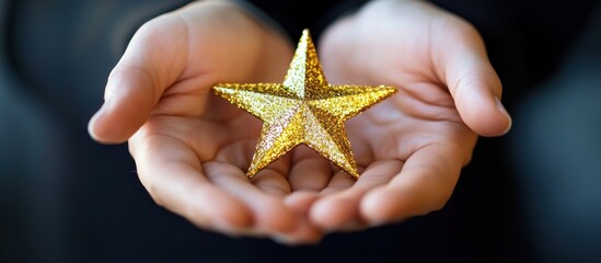 Close-up of two hands cupped together, holding a gold star.