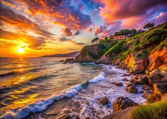 Obraz premium Long Exposure Serenity at Capoliveri's Stunning Coastline at Sunset