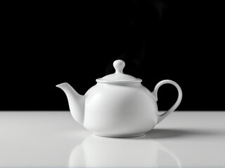 A white teapot elegantly positioned against a contrasting black background, highlighting its shape and design