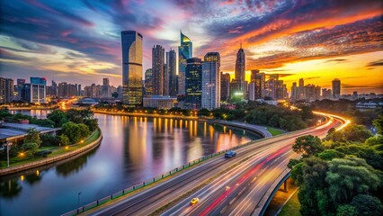Fototapeta premium Long Exposure Success Journey at Dusk: Captivating Light Trails and Cityscapes