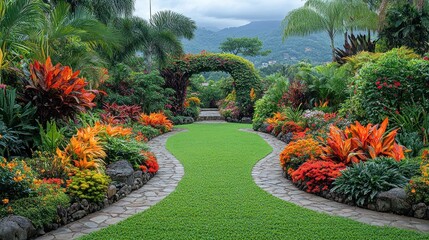 Fototapeta premium A winding stone pathway leads through a lush tropical garden with vibrant flowers and foliage.