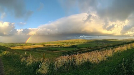 Fototapeta premium A panoramic shot of a rainbow fading into the distance across a sunlit sky, with green hills and open fields in the foreground, evoking tranquility
