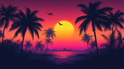 Silhouettes of palm trees against a vibrant neon sunset, glowing in shades of pink, orange, and purple