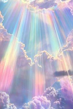 Beautiful sky at sunrise with clouds and sun. Heavenly light rays breaking through clouds. Divinity light. Easter morning. Biblical scene, heaven, sign from God.  Resurrection and ascension of Christ