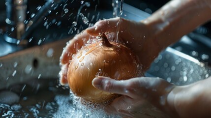 Fototapeta premium A close-up of hands washing a brown onion in a sink. The water splashes around the onion and creates a refreshing atmosphere.
