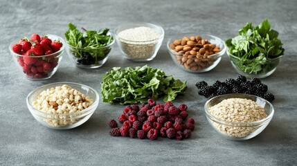 A selection of clean-eating foods like leafy greens, berries, nuts, and grains, beautifully displayed on a gray concrete surface, promoting a healthy lifestyle