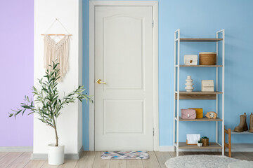 Modern interior of hallway with accessories on rack and houseplant