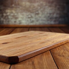 A wooden cutting board placed on a rustic table with textured wall background in a cozy kitchen setting