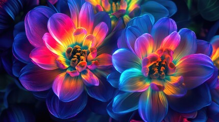 A close-up of a neon flower arrangement, with glowing petals and vibrant colors creating a lively centerpiece