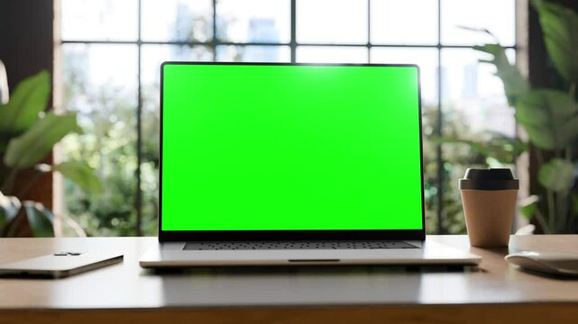 Laptop with blank green screen in office interior. Smooth camera movement around object with bokeh background