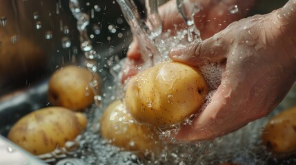 Close-up of hands washing potatoes under running water in a kitchen sink.
