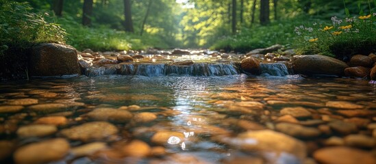 A serene stream flows through a lush forest, reflecting sunlight on smooth pebbles.