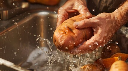 Fototapeta premium Close-up of a man's hands washing a large sweet potato in a kitchen sink. The water splashes around the potato, creating a dynamic image.