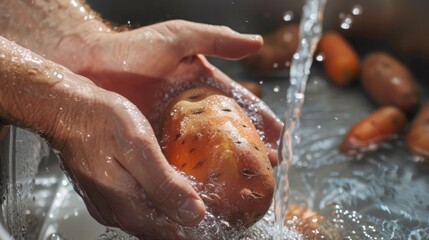 Fototapeta premium Close-up of hands rinsing a sweet potato under running water. The potato is brown and orange with a slightly rough texture.