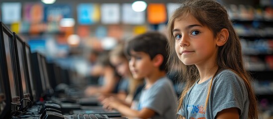 Children using computers in a classroom setting, focused on learning and technology.
