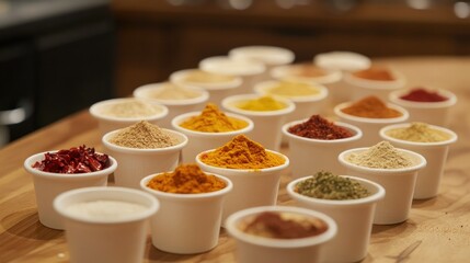 Fototapeta premium A variety of seasonings like garlic powder, curry, and chili flakes in small cups, spread across a wooden table, emphasizing global flavors