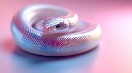 A white albino snake with iridescent scales curls up on a pink background.