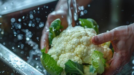Close-up of a hand rinsing a head of cauliflower under running water. The water creates a beautiful spray of droplets, highlighting the cauliflower's white florets.