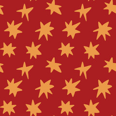 Vector hand drawn seamless red pattern with yellow stars Wrapping design