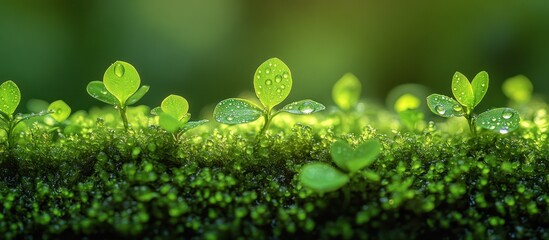 Lush green plants with dew droplets, showcasing nature's beauty and freshness.